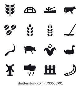 16 vector icon set : greenhouse, soil cutter, cow, coffee seeds, spikelets, rake, sickle, pig, corn, goose, windmill, sow, grain elevator, peas