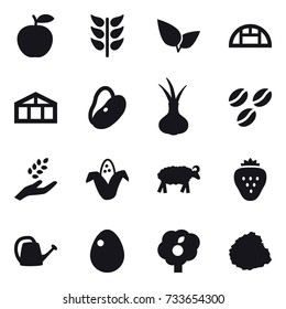 16 vector icon set : greenhouse, coffee seeds, harvest, corn, sheep, strawberry, watering can, egg, garden, pile of garbage