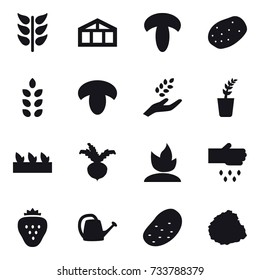 16 vector icon set : greenhouse, spikelets, mushroom, harvest, seedling, beet, sprouting, sow, strawberry, watering can, potato, pile of garbage
