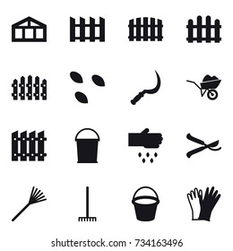 16 vector icon set : greenhouse, fence, seeds, sickle, wheelbarrow, bucket, sow, pruner, rake, gloves