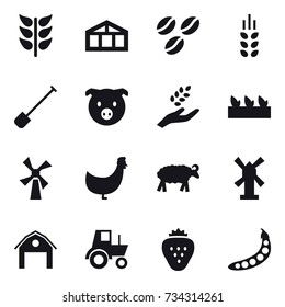 16 vector icon set : greenhouse, coffee seeds, spikelets, shovel, pig, harvest, seedling, windmill, chicken, sheep, barn, tractor, strawberry, peas