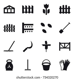 16 vector icon set : greenhouse, fence, watering, seeds, shovel, rake, sickle, scarecrow, farm fence, fertilizer, bucket, gloves
