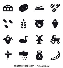 16 vector icon set : greenhouse, soil cutter, coffee seeds, seeds, spikelets, pig, grape, corn, goose, windmill, tractor, scarecrow, sow, fertilizer, peas