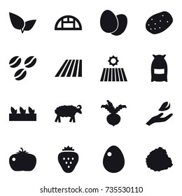 16 vector icon set : greenhouse, coffee seeds, field, flour, seedling, sheep, beet, hand leaf, tomato, strawberry, egg, pile of garbage