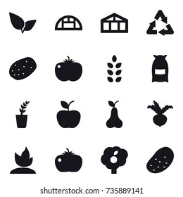 16 vector icon set : greenhouse, spikelets, flour, seedling, apple, pear, beet, sprouting, tomato, garden, potato