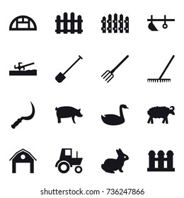 16 vector icon set : greenhouse, fence, plow, soil cutter, shovel, fork, rake, sickle, pig, goose, sheep, barn, tractor, rabbit, grain elevator
