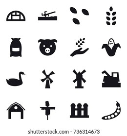 16 vector icon set : greenhouse, soil cutter, seeds, spikelets, flour, pig, harvest, corn, goose, windmill, harvester, barn, scarecrow, grain elevator, peas