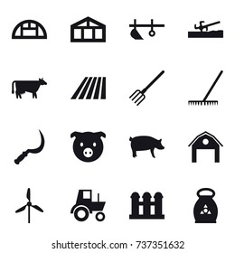 16 vector icon set : greenhouse, plow, soil cutter, cow, field, fork, rake, sickle, pig, barn, windmill, tractor, grain elevator, fertilizer