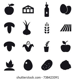 16 vector icon set : greenhouse, spikelets, field, mushroom, corn, seedling, apple, sprouting, egg, potato, pile of garbage