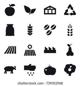 16 vector icon set : greenhouse, coffee seeds, spikelets, field, seedling, pear, sheep, sow, tomato, garden