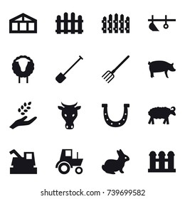 16 vector icon set : greenhouse, fence, plow, sheep, shovel, fork, pig, harvest, cow, horseshoe, harvester, tractor, rabbit, grain elevator
