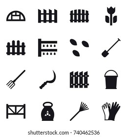 16 vector icon set : greenhouse, fence, watering, seeds, shovel, fork, sickle, bucket, farm fence, fertilizer, rake, gloves