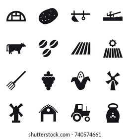 16 vector icon set : greenhouse, plow, soil cutter, cow, coffee seeds, field, fork, grape, corn, windmill, barn, tractor, fertilizer