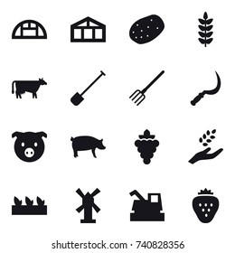 16 vector icon set : greenhouse, cow, shovel, fork, sickle, pig, grape, harvest, seedling, windmill, harvester, strawberry