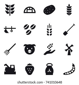 16 vector icon set : greenhouse, plow, coffee seeds, spikelets, shovel, fork, pig, harvest, windmill, harvester, strawberry, fertilizer, peas