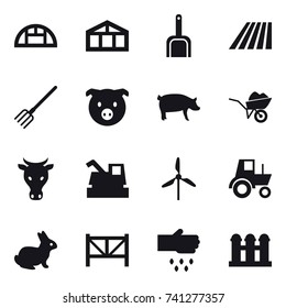16 vector icon set : greenhouse, scoop, field, fork, pig, wheelbarrow, cow, harvester, windmill, tractor, rabbit, farm fence, sow, grain elevator