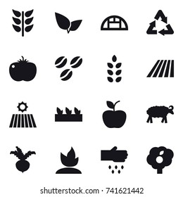 16 vector icon set : greenhouse, coffee seeds, spikelets, field, seedling, apple, sheep, beet, sprouting, sow, garden