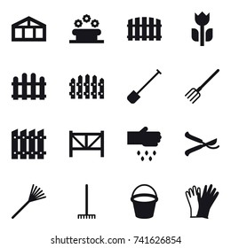 16 vector icon set : greenhouse, flower bed, fence, shovel, fork, farm fence, sow, pruner, rake, bucket, gloves