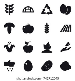16 vector icon set : greenhouse, field, corn, apple, sprouting, hand leaf, sow, egg, potato, pile of garbage