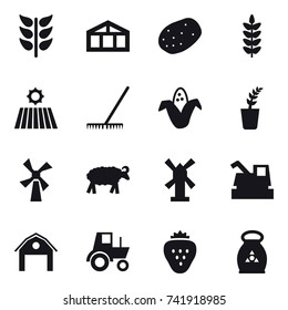 16 vector icon set : greenhouse, field, rake, corn, seedling, windmill, sheep, harvester, barn, tractor, strawberry, fertilizer