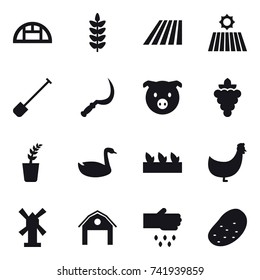 16 vector icon set : greenhouse, field, shovel, sickle, pig, grape, seedling, goose, chicken, windmill, barn, sow, potato