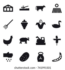 16 vector icon set : greenhouse, soil cutter, cow, field, fork, grape, corn, goose, chicken, sheep, harvester, scarecrow, sow, potato, fertilizer, peas
