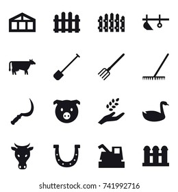 16 vector icon set : greenhouse, fence, plow, cow, shovel, fork, rake, sickle, pig, harvest, goose, horseshoe, harvester, grain elevator