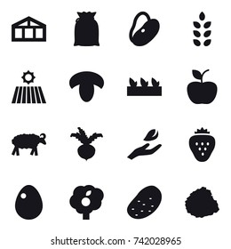 16 vector icon set : greenhouse, spikelets, field, mushroom, seedling, apple, sheep, beet, hand leaf, strawberry, egg, garden, potato, pile of garbage