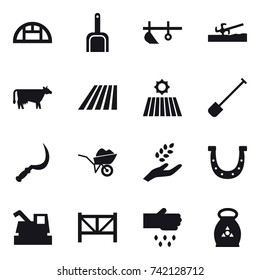 16 vector icon set : greenhouse, scoop, plow, soil cutter, cow, field, shovel, sickle, wheelbarrow, harvest, horseshoe, harvester, farm fence, sow, fertilizer