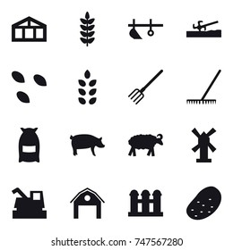 16 vector icon set : greenhouse, plow, soil cutter, seeds, spikelets, fork, rake, flour, pig, sheep, windmill, harvester, barn, grain elevator, potato