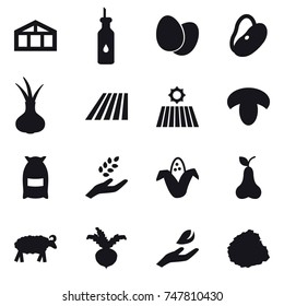 16 vector icon set : greenhouse, field, mushroom, flour, harvest, corn, pear, sheep, beet, hand leaf, pile of garbage