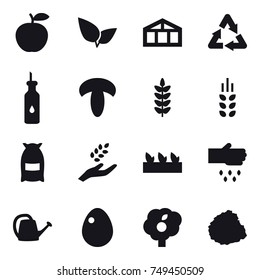 16 vector icon set : greenhouse, spikelets, flour, harvest, seedling, sow, watering can, egg, garden, pile of garbage