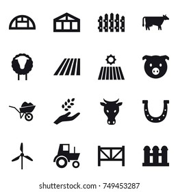 16 vector icon set : greenhouse, fence, cow, sheep, field, pig, wheelbarrow, harvest, horseshoe, windmill, tractor, farm fence, grain elevator