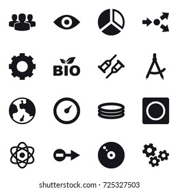 16 vector icon set : group, eye, diagram, core splitting, gear, bio, draw compass, earth, barometer, inflatable pool, ring button, gears