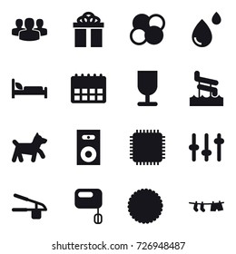 16 vector icon set : group, gift, atom core, aquapark, dog, speaker, garlic clasp, drying clothe
