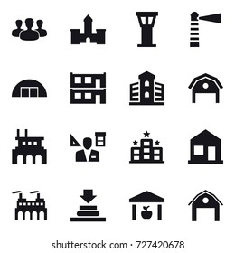 16 vector icon set : group, castle, airport tower, lighthouse, hangare, modular house, building, barn, factory, architector, hotel, home, warehouse