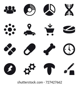 16 vector icon set : group, circle diagram, diagram, dna, round around, car pointer, add to cart, watch, electricity, toilet brush