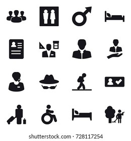 16 vector icon set : group, wc, architector, tourist, check in, passenger, invalid, bed, garden cleaning