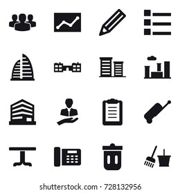 16 vector icon set : group, statistic, pencil, list, skyscraper, school, district, city, suitcase, table, trash bin, bucket and broom