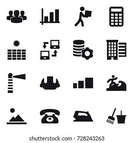 16 vector icon set : group, graph, courier, calculator, sun power, notebook connect, virtual mining, houses, lighthouse, building helmet, surfer, landscape, phone, iron, bucket and broom