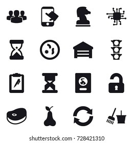 16 vector icon set : group, touch, chess horse, chip, garage, passport, unlocked, pear, reload, bucket and broom