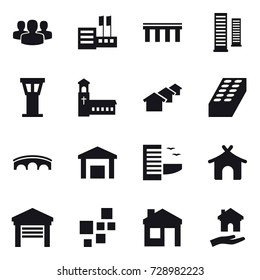 16 vector icon set : group, store, bridge, skyscrapers, airport tower, church, houses, brick, hotel, bungalow, garage, house, housing