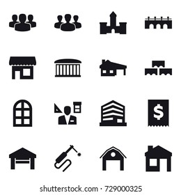 16 vector icon set : group, castle, bridge, shop, airport building, house with garage, block wall, arch window, architector, garage, barn, house