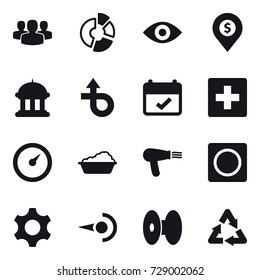 16 vector icon set : group, circle diagram, eye, dollar pin, goverment house, first aid, barometer, washing, hair dryer, ring button