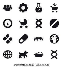 16 vector icon set : group, gear, round flask, add to cart, info, baby stroller, bridge, globe, dog, washing