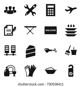 16 vector icon set : group, pencil wrench, calculator, iron board, welcome mat, plate washing, blower, bucket and broom, dish cleanser, gloves, foam basin, do not distrub