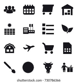 16 vector icon set : group, calendar, delivery, warehouse, sun power, store, list, house, cart, big spoon, cow, kitchen cleaning
