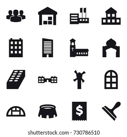 16 vector icon set : group, warehouse, store, cottage, building, skyscraper, church, minaret, brick, school, windmill, arch window, greenhouse, stadium, scraper