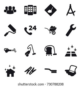 16 vector icon set : group, server, under construction, draw compass, repair, wheelbarrow, wrench, blower, vacuum cleaner, clean floor, house cleaning, clothespin, brush, floor washing 16 vector icon set : group, server, under construction, draw compass, repair, wheelbarrow, wrench, blower, vacuum cleaner, clean floor, house cleaning, clothespin, brush, floor washing