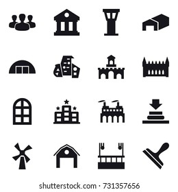 16 vector icon set : group, library, airport tower, warehouse, hangare, modern architecture, fort, gothic architecture, arch window, hotel, windmill, barn, skyscapers cleaning, scraper